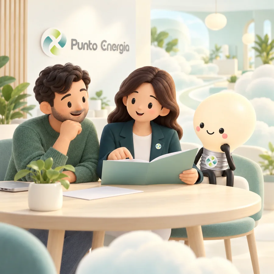 Illustrazione di una consulente Punto Energia con un cliente e Lumi, mentre esaminano un documento