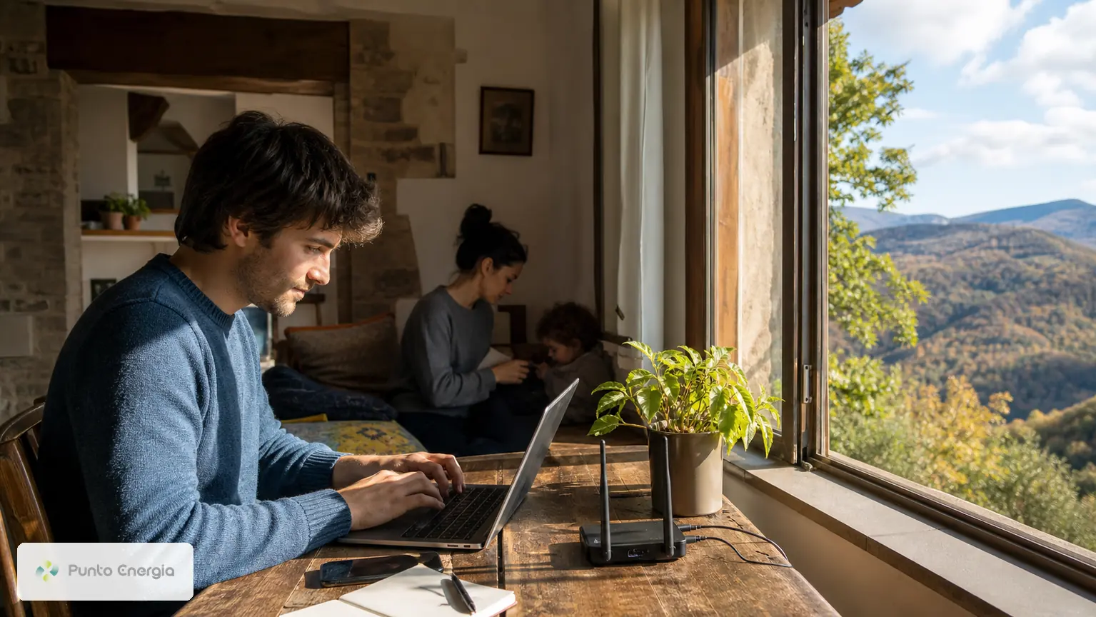 Professionista al computer con famiglia in una casa dell’Appennino modenese