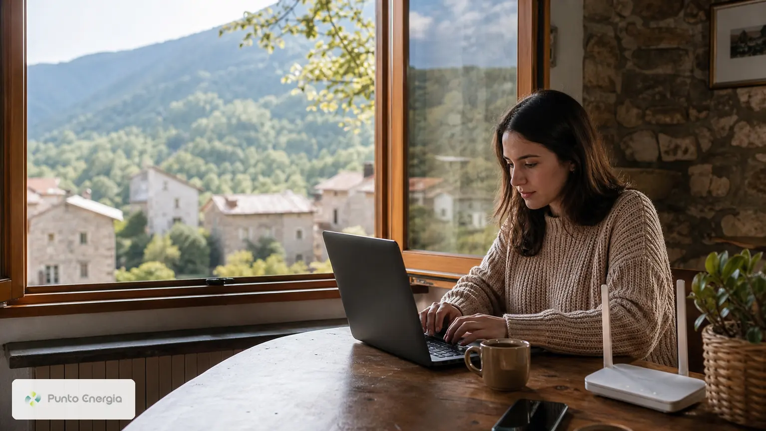 Professionista che lavora al computer in una casa dell’entroterra ligure con router Wi-Fi
