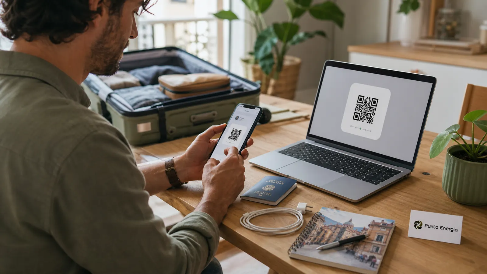 Reisender bereitet eine Italien-eSIM per QR-Code vor der Abreise vor