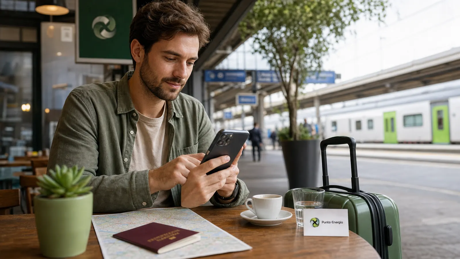 Traveller comparing EU roaming and a local eSIM at an Italian railway station