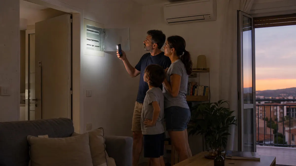 Famiglia che controlla il quadro elettrico durante un blackout estivo