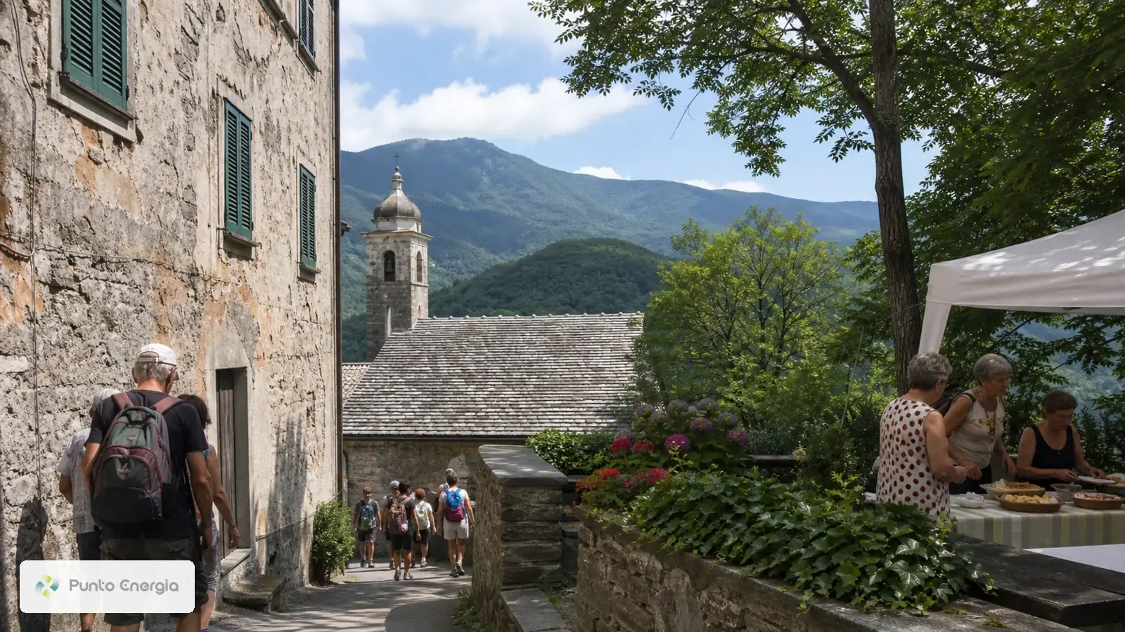Hikers in Torriglia with local food and the Antola landscape