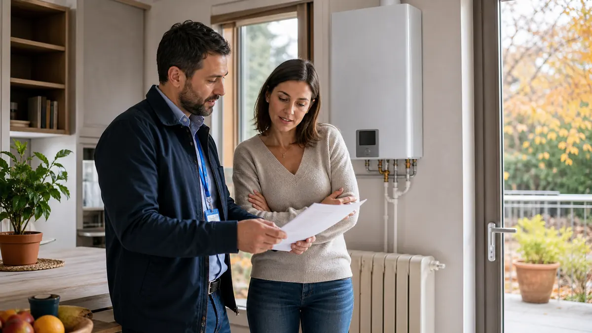 Consulente e cliente che controllano una bolletta gas vicino alla caldaia
