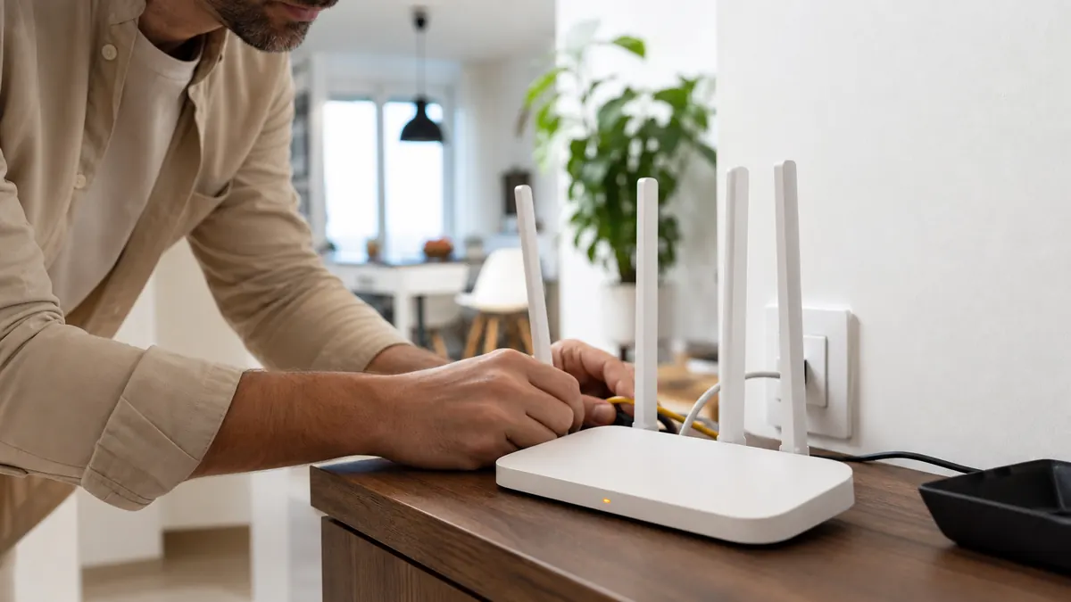 Persona che controlla i cavi di un router domestico con spia arancione