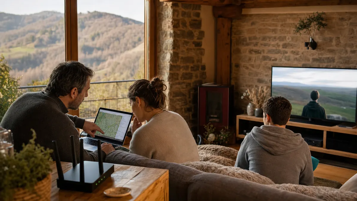 Famiglia che confronta internet e streaming in una casa dell’Appennino modenese