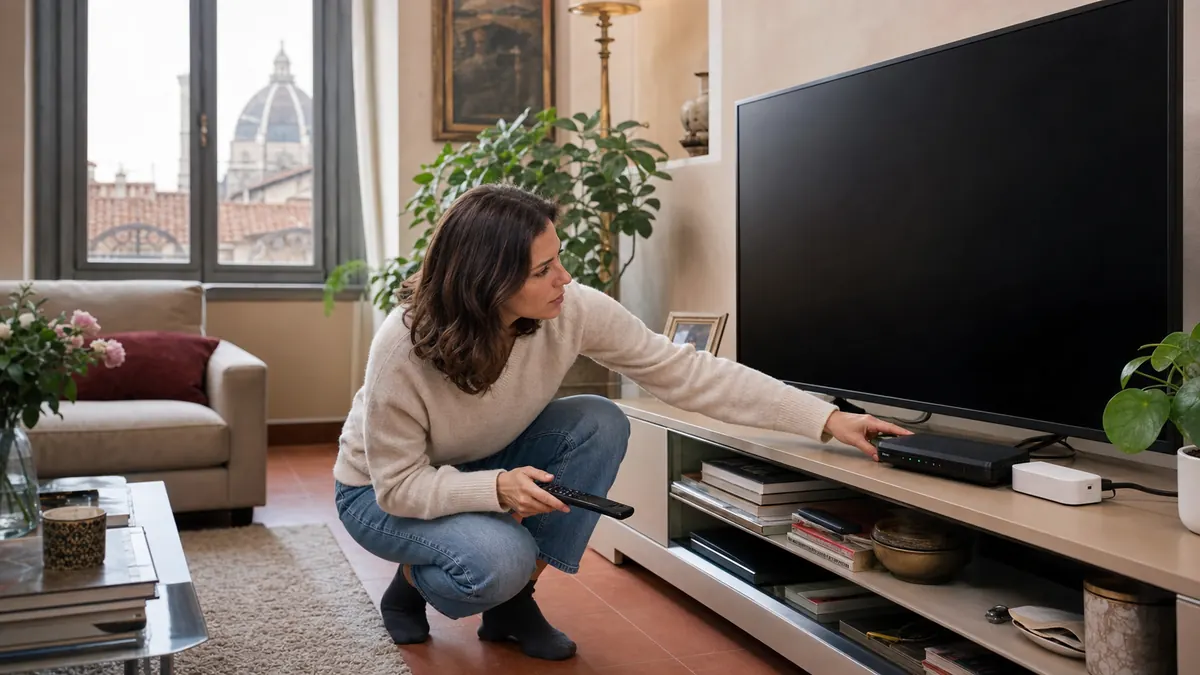 Donna che controlla televisione e dispositivo di rete davanti a uno schermo nero