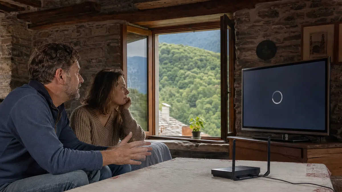 Coppia che controlla lo streaming in una casa in pietra vicino a Torriglia