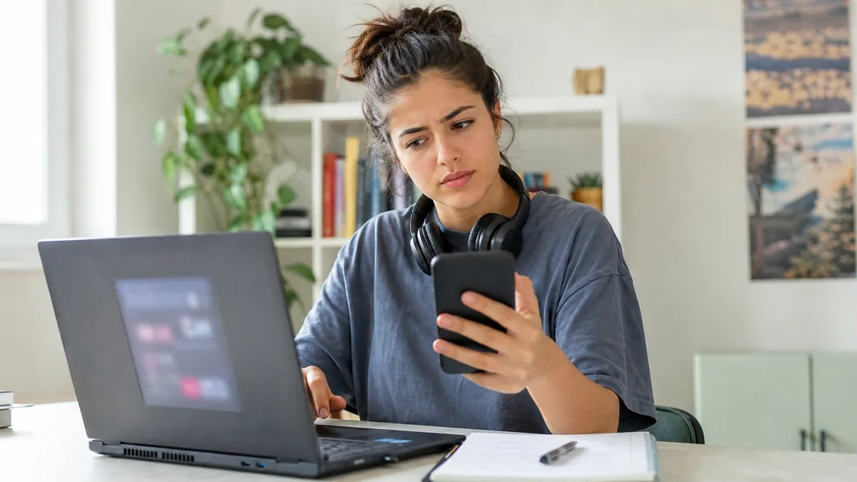 Studentessa che controlla un’app di streaming su smartphone e computer