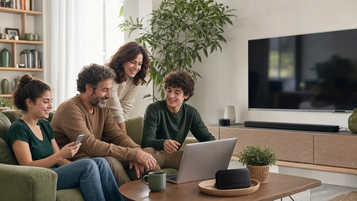 Famiglia che confronta internet, televisione e connessione mobile