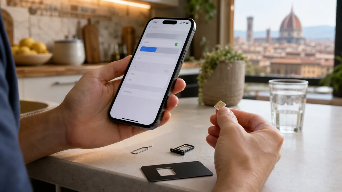 Persona che configura SIM ed eSIM su uno smartphone in Italia