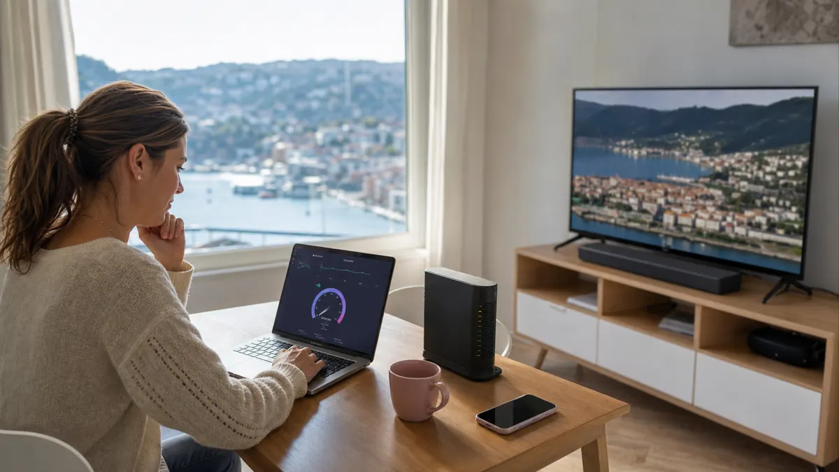 Donna che controlla velocità internet e streaming in una casa affacciata sul golfo della Spezia
