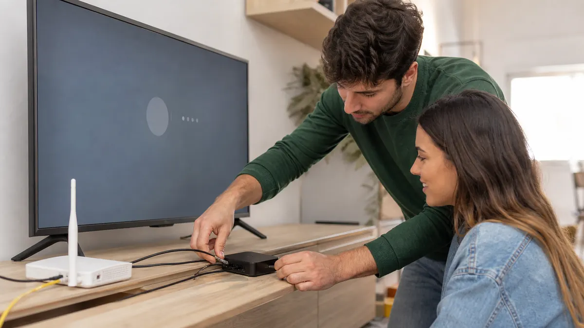 Coppia che collega un dispositivo streaming alla televisione e al router