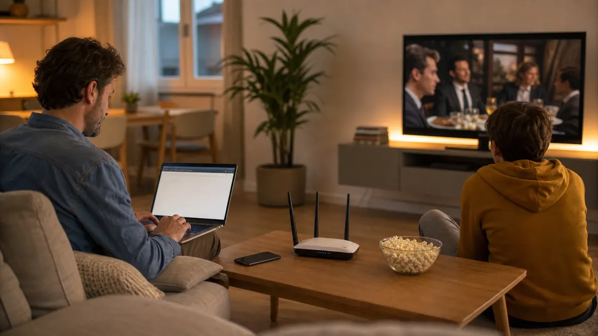 Famiglia che usa streaming televisivo e computer sulla stessa connessione domestica