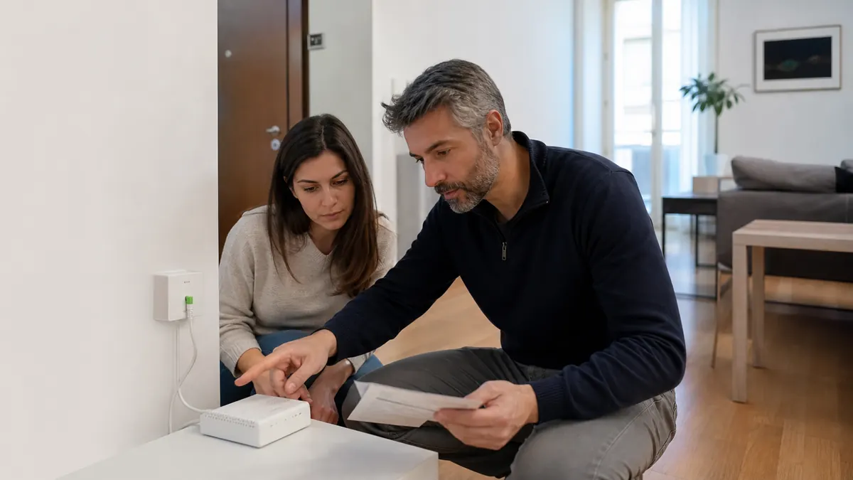 Famiglia che verifica presa fibra e router prima dell’attivazione internet