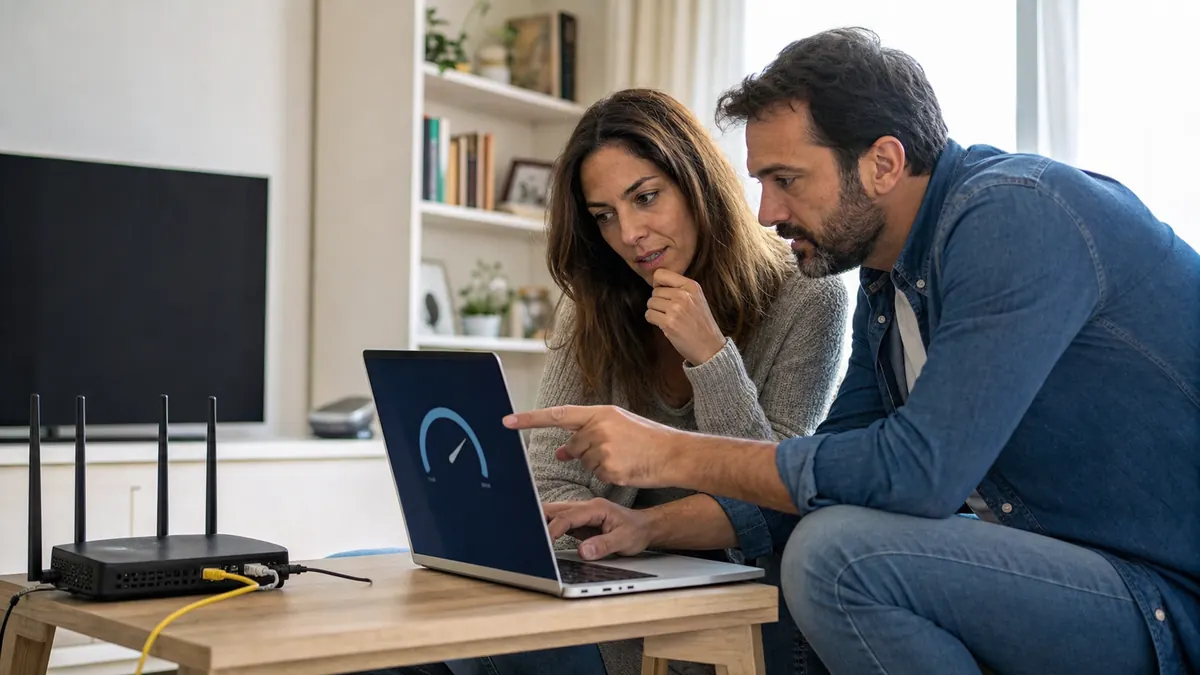Coppia che confronta la velocità della connessione su un computer vicino al router