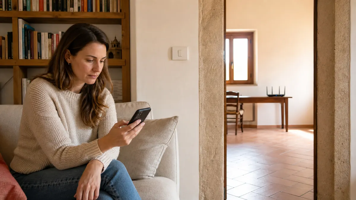 Donna che verifica il segnale Wi-Fi in una stanza lontana dal router
