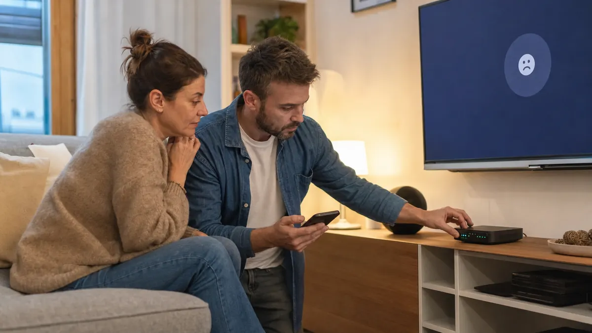 Famiglia che controlla router e televisione durante un problema di connessione domestica