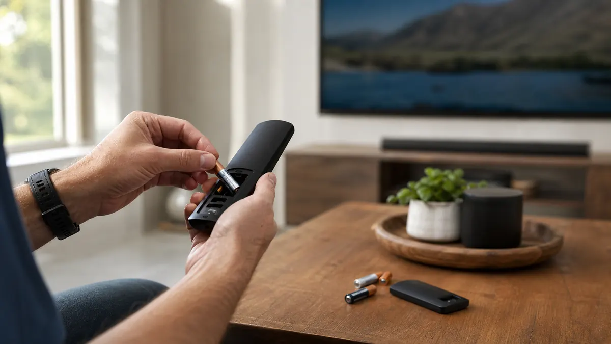 Persona che sostituisce le batterie di un telecomando televisivo moderno