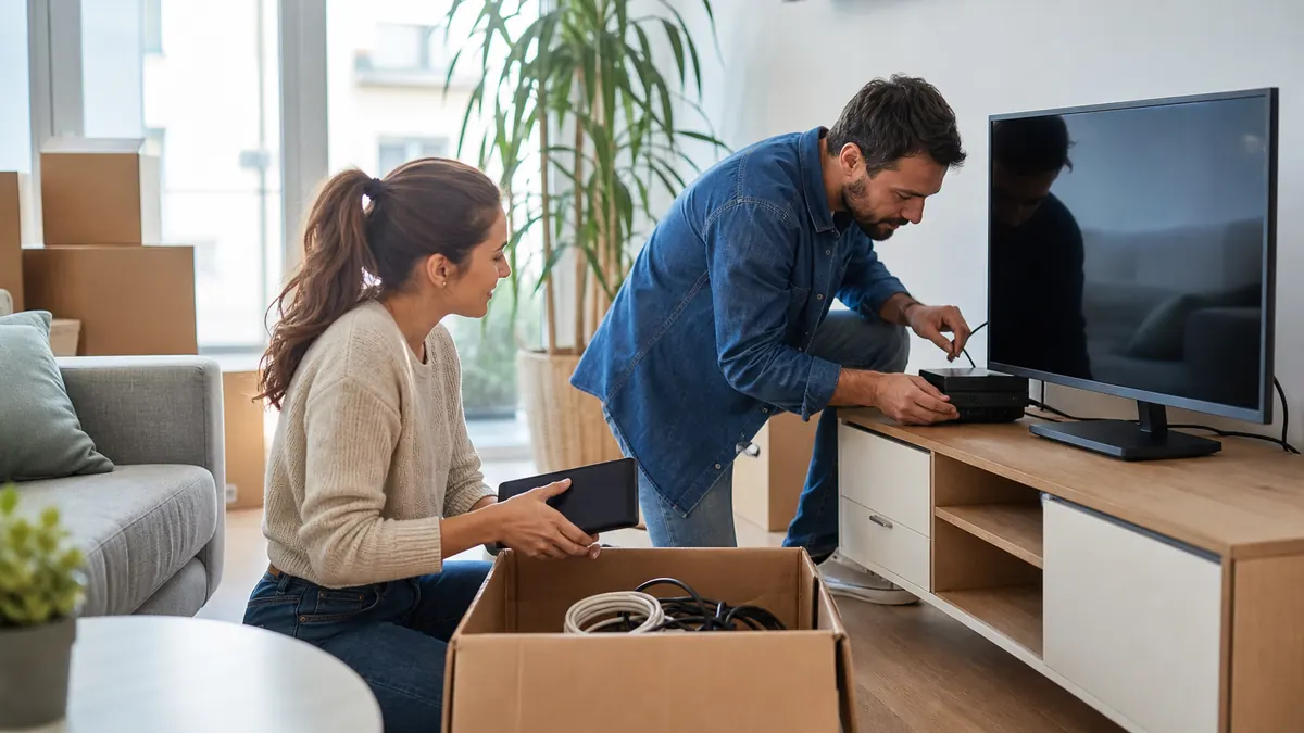 Coppia che ricollega router e televisione durante un trasloco