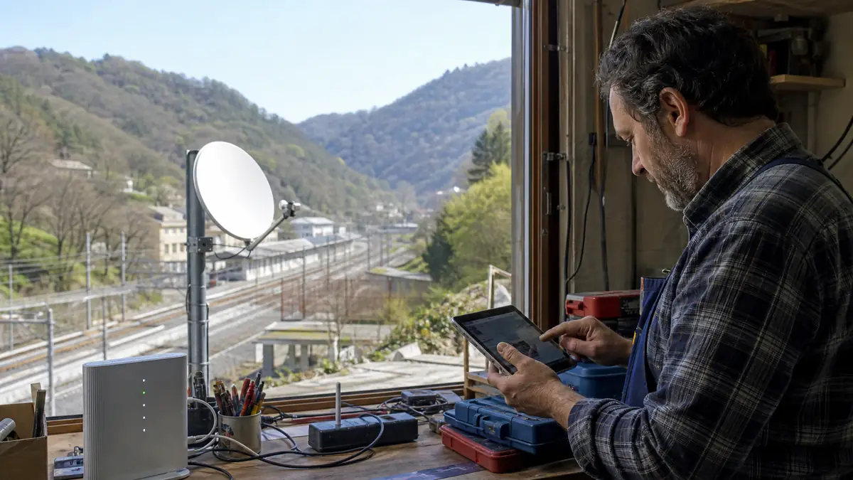 Artigiano che valuta la connettività in un laboratorio della Valle Scrivia