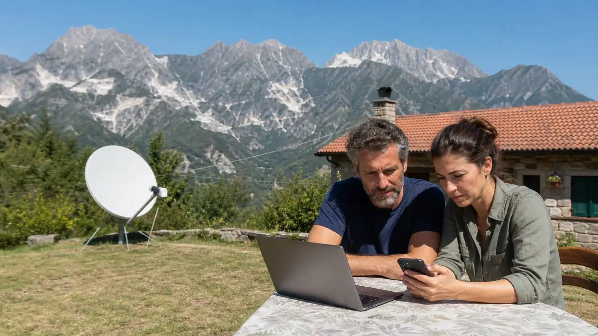 Coppia che valuta internet satellitare davanti alle Alpi Apuane