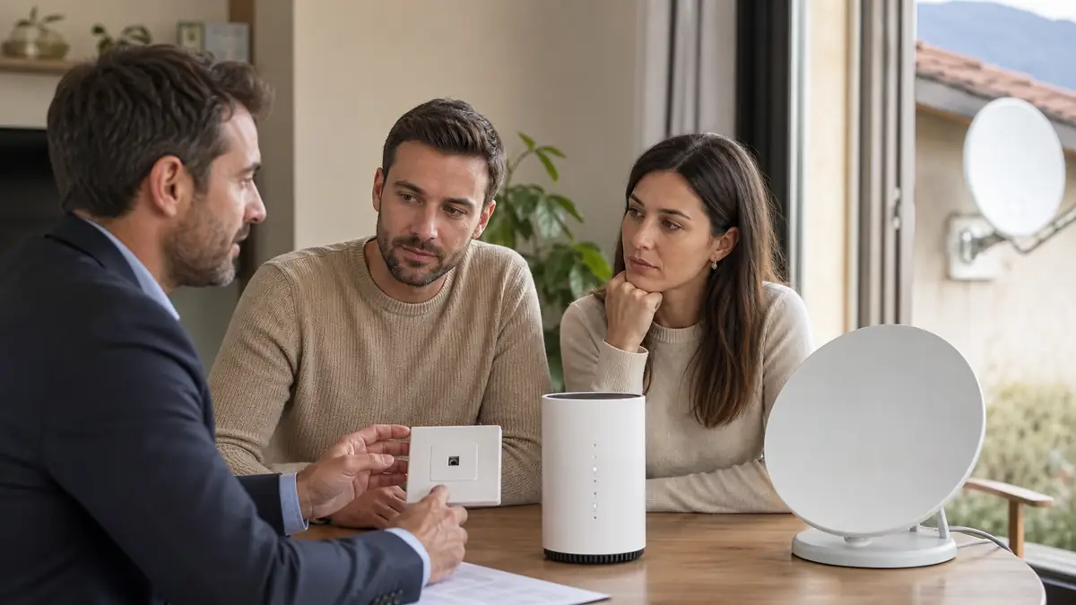 Consulente e famiglia che confrontano fibra, router 5G e connessione satellitare
