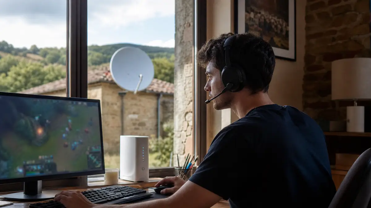 Persona che gioca online da una casa rurale collegata via satellite
