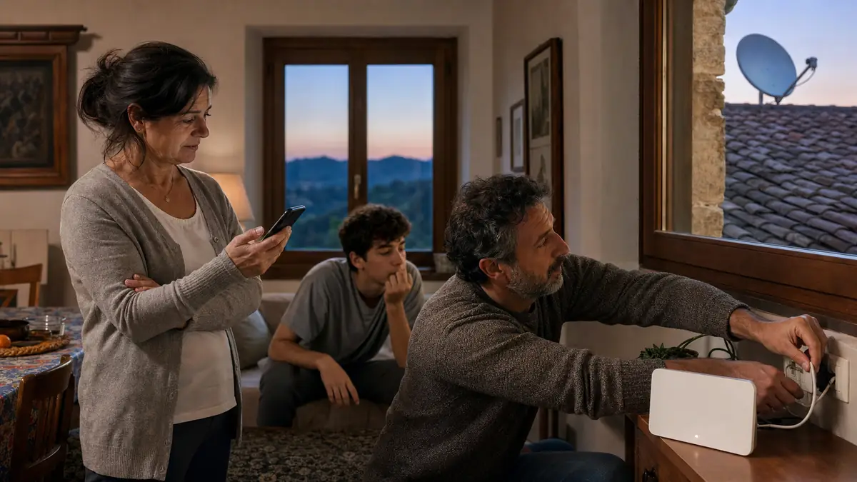 Famiglia che controlla router e connessione satellitare in una casa di collina