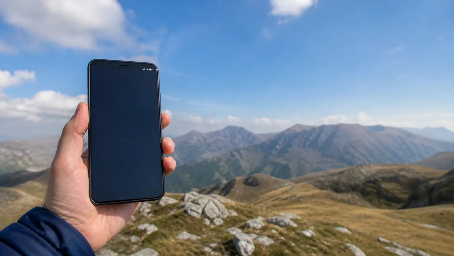 Smartphone in primo piano sotto il cielo aperto degli Appennini