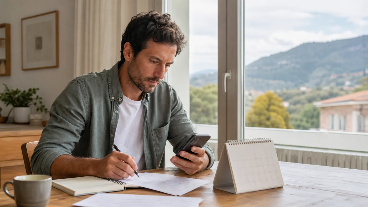 Persona che confronta sul tavolo smartphone, calendario e appunti per una connessione in montagna