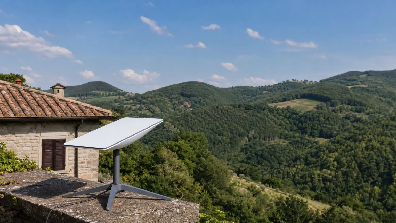 Antenna per internet satellitare installata presso una casa rurale negli Appennini