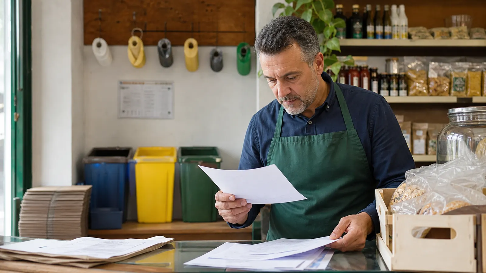 Commerciante che controlla documenti TARI nel proprio negozio