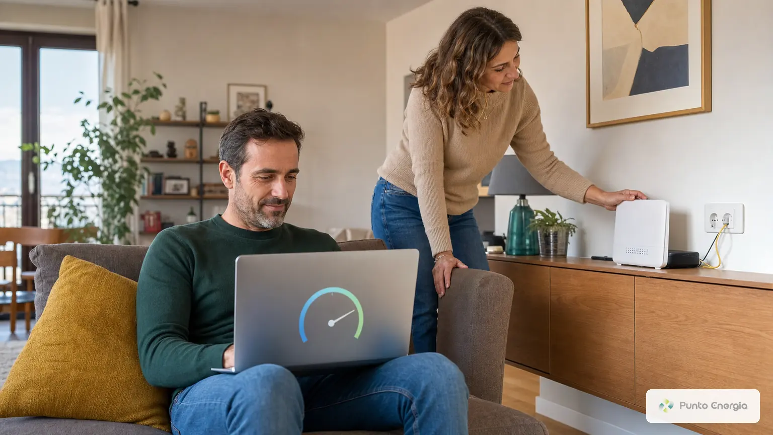 Coppia che controlla velocità, modem e copertura della connessione internet di casa